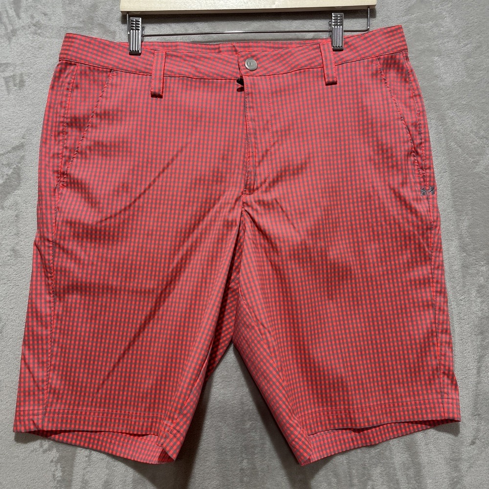 Under Armour Mens Golf Shorts 38x11‎ Coral Gray Gingham Check Athletic Fit